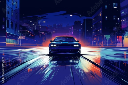 Nighttime urban road with a car. Ideal for banners, posters, covers, or presentations. Generative AI