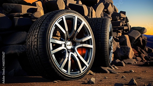Car wheels with tire side view isolated on realistic background. AI generated image photo