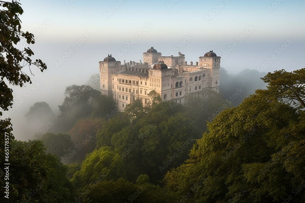 mysterious misty royal residence. Generative AI