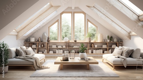 An image of a spacious and inviting Scandinavian attic living room  blending natural light and modern furnishings with grace.