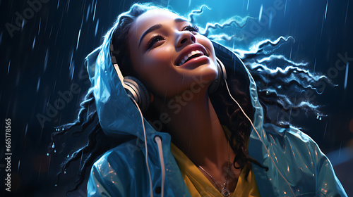 African american girl dancing with headphones and hoodie in the rain