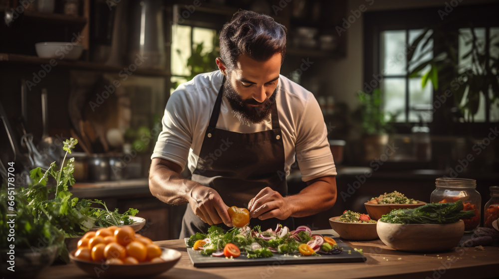 Chef preparing salad in the kitchen at his restaurant. Food and cuisine concept Chef preparing salad in the kitchen at his restaurant. Food and cuisine concept