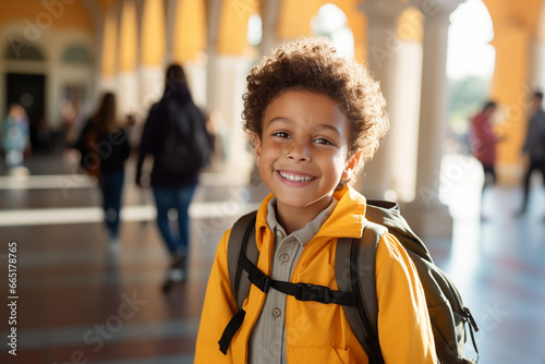 menino criança com uniforme escolar sorrindo e escola ao fundo - Papel de parede  photo