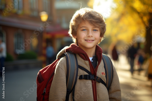 menino criança com uniforme escolar sorrindo e escola ao fundo - Papel de parede  photo
