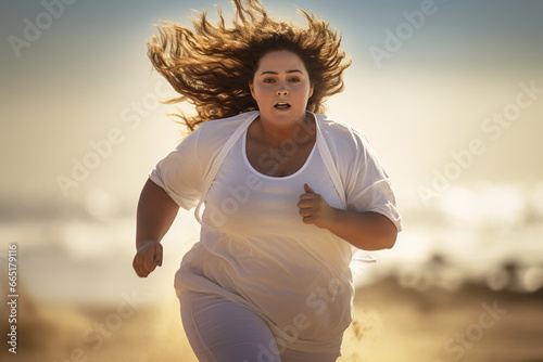 Mulher acima do peso com roupas brancas correndo na praia  photo