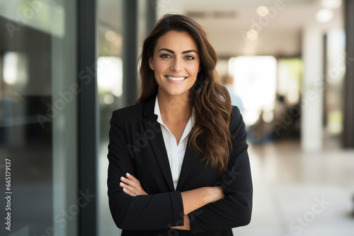 Mulher jovem de terno sorrindo em um escritório - Papel de parede  photo