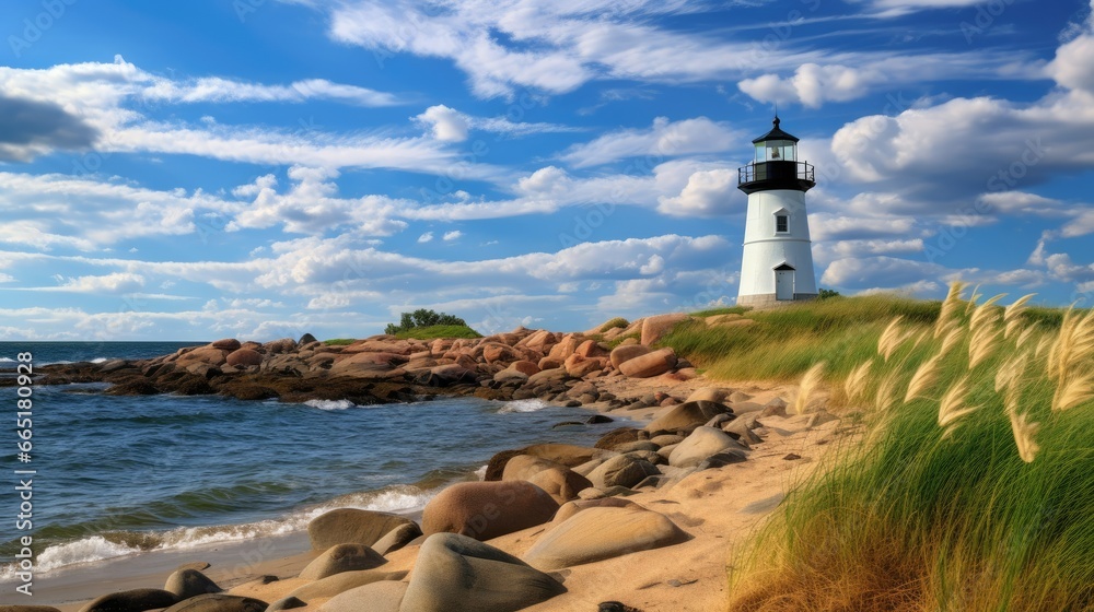 A stunning coastal landscape with a picturesque lighthouse, sandy beach, and vibrant green grasses. The clear blue sky, fluffy white clouds, and serene ocean