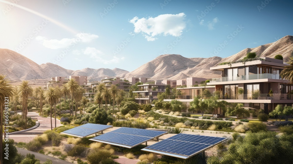A futuristic desert city blending seamlessly into the arid landscape with sleek, reflective buildings adorned with solar panels. A minimalist aesthetic meets advanced technology
