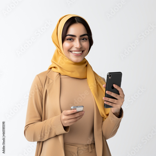 Woman with short hair holding phone, person looking at phone, girl on isolated white background, in yellow dress, technological, smiling person, financial freedom, modern with headscarf, holding credi photo