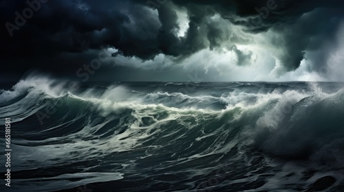 Stormy seas with rough, powerful waves crashing against a turbulent ocean. Dark skies and ominous clouds create a dramatic, stormy atmosphere. Dangerous waters with menacing conditions