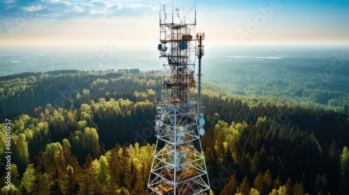 A metal communication tower rises above a forest, adorned with satellite dishes and antennas. Sunlight filters through the trees, symbolizing technological advancement and connectivity photo