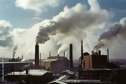 Billowing steam from large factory chimneys. Generative AI