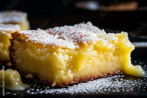Delicious dessert photo. Close-up of gooey butter cake recipe. Generative AI