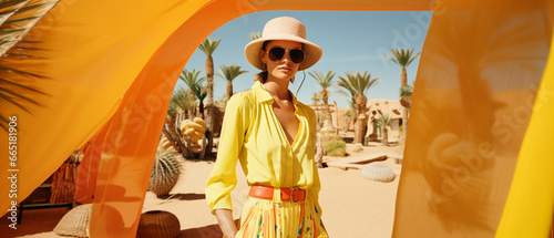 Yellow zara model, female model in a yellow dress in the middle of the desert, shooting in the desert, woman with glasses, person wearing a fedora hat, blue sky, palm trees, green, hot, fashion