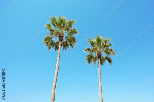Two palm trees under blue sky. Generative AI © Daniel