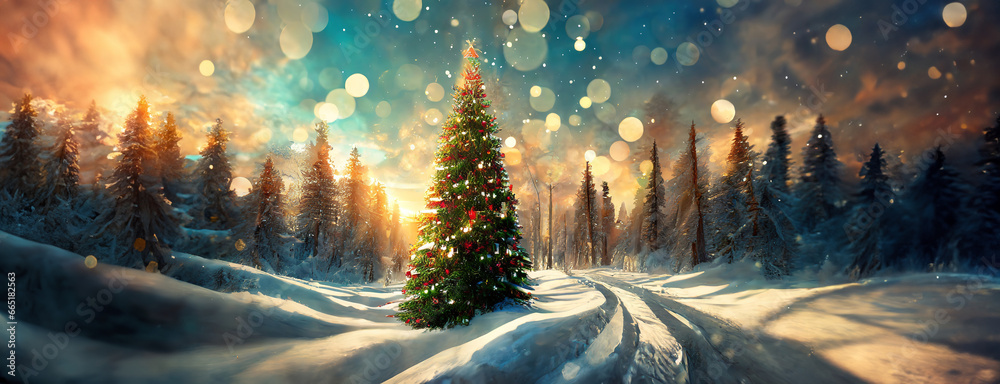 Obraz premium Happy New Year greeting card with Christmas tree in winter snowy forest. Fairy landscape background. Banner.