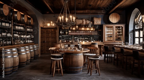 An upscale wine bar with a curated selection of vintages, wine barrels, and rustic decor.