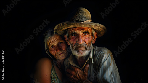 Old farmers couple with wrinkled face isolated on black background, in the style of rural life depictions