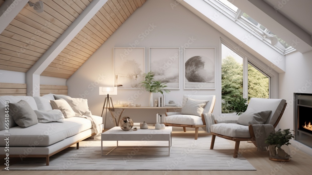 Create an image of a Scandinavian attic living room with high, vaulted ceilings and a color palette inspired by nature's serenity.
