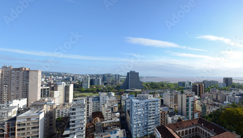 Aerial view of the central area of Porto Alegre with the Guaiba River in the background