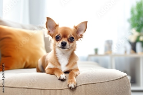 Purebred pedigreed light brown Chihuahua dog lies on a white sofa in a bright, cozy living room with a modern interior. With copy space. Cute puppy. Close up Advertising, banner, poster, postcard