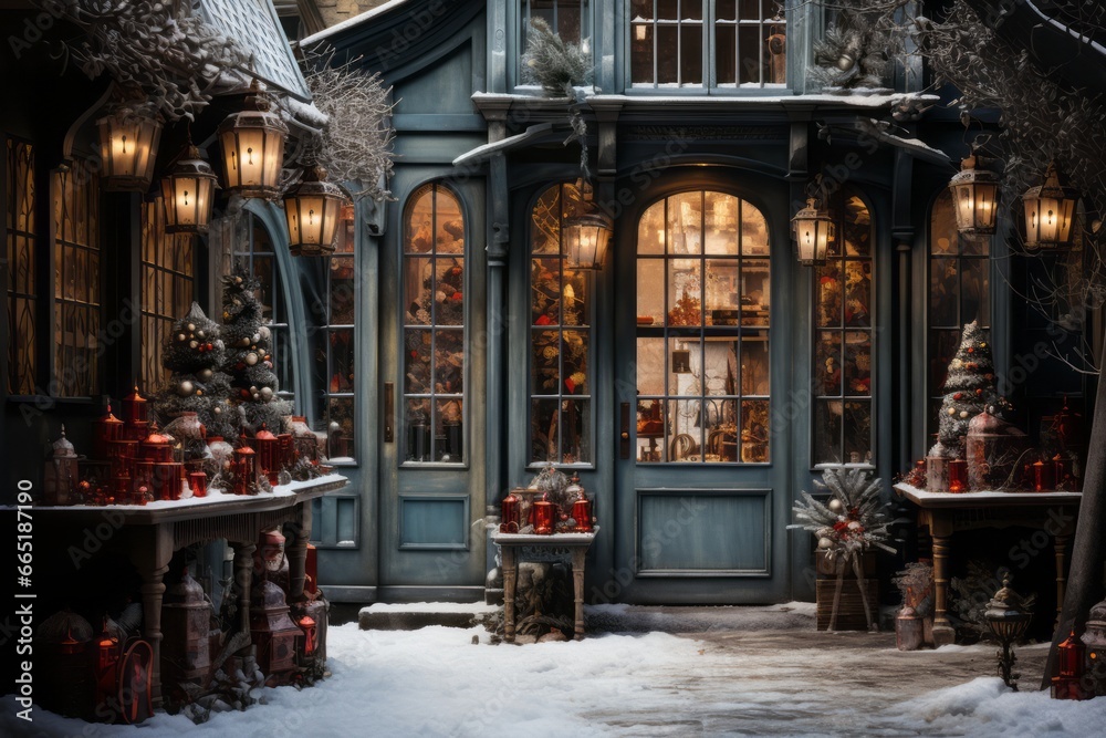 A charming storefront with frost covered windows, with variety of beautifully arranged Christmas decorations. Generative Ai