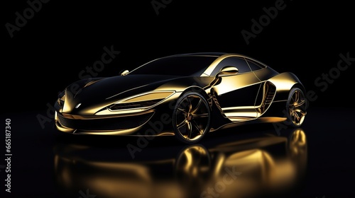 Metallic gold sports car, front side view isolated dark background. AI generated image