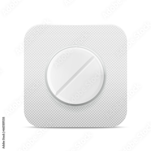 Vector Realistic Pharmaceutical Medical White Pill in Blister, Vitamins, Tablet in a Package Closeup Isolated. Pill in Blister Packaging Design Template. Front, Top View. Medicine, Health Concept