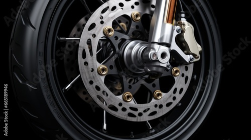 Close up of front caliper motorcycle disc brake. AI generated image