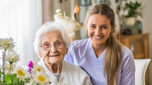 Social medical worker supports and visits pensioner woman in living room of house in atmosphere of comfort. Smiling happy senior adult woman and caregiver in nursing home for the elderly photo