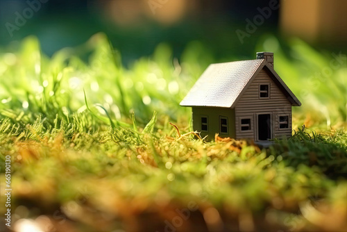 Small plastic toy house in the grass on the lawn