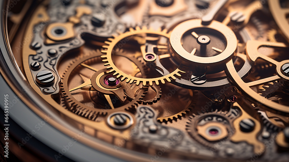 close up of a mechanical mechanism with clock