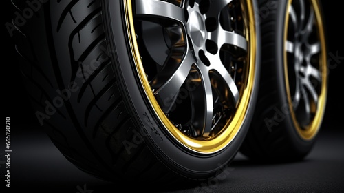 Car wheel with tire side view isolated on dark background. AI generated image photo