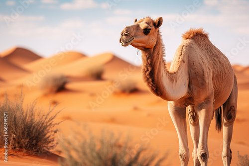 Dromedário no deserto com dunas de areia ao fundo - Papel de parede  photo