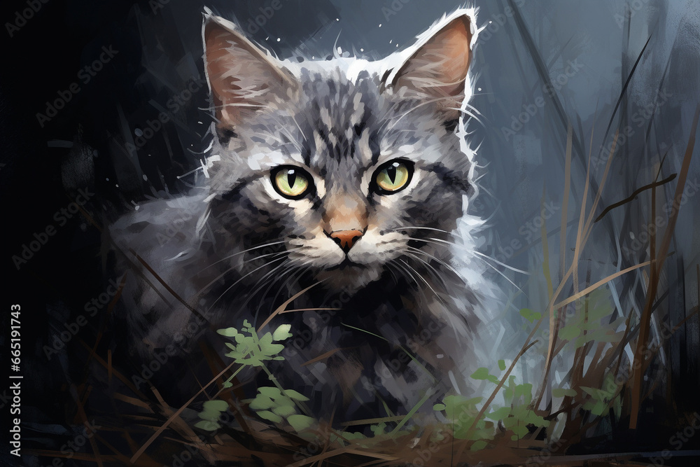 gato cinza selvagem - ilustração - obrazy, fototapety, plakaty 