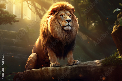 Leão belo e robusto com o pelo brilhante na floresta - Papel de parede