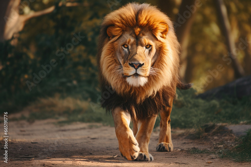 Leão belo e robusto com o pelo brilhante na floresta - Papel de parede
