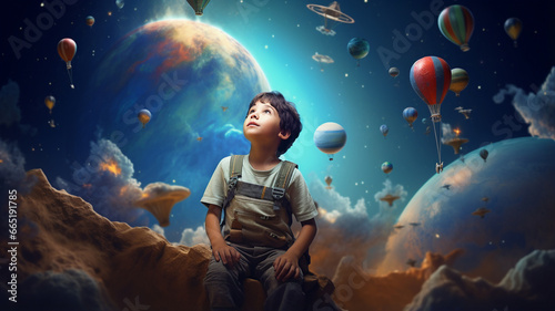 little boy with moon in space at background of the earth