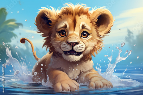 Leão fofo em uma poça de agua - Ilustração fofa 