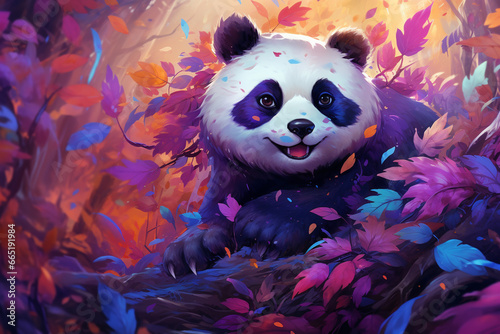 Panda fofo na floresta roxa - Ilustração / Papel de parede 