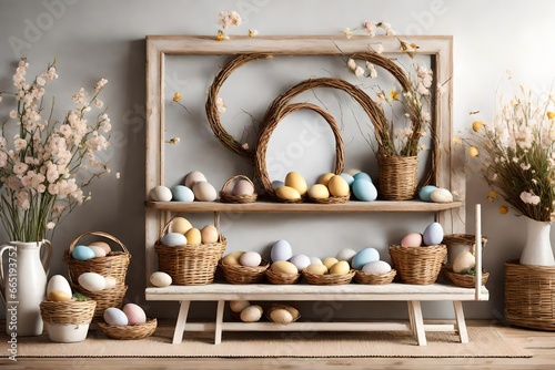 A Canvas Frame for a mockup showcasing a tranquil Easter living room scene, where a hearth is decorated with woven Easter baskets and the soft chirping of birds can almost be heard photo