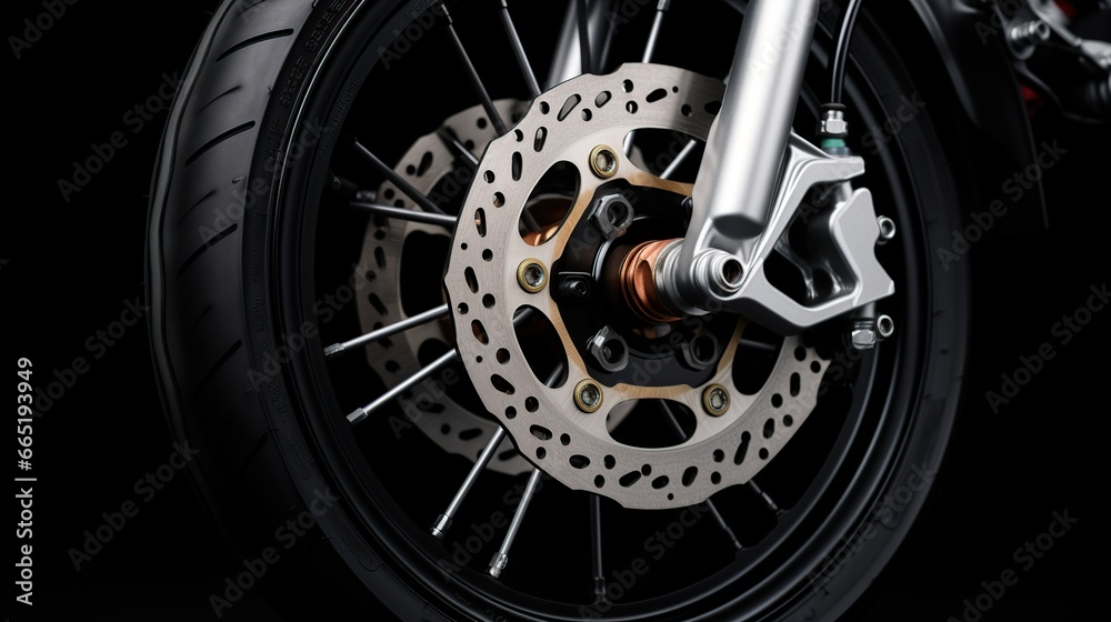 Close up of front caliper motorcycle disc brake. AI generated image