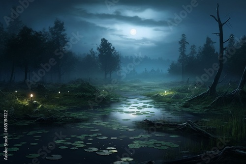 Beautiful aerial misty and mysterious swamp with fireflies lighting the way evening view featuring the tranquil hours. Generative AI © Oberon