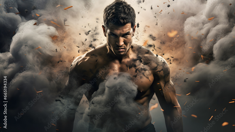 Muscular fighter man with strong expression coming out of dust smoke - obrazy, fototapety, plakaty 