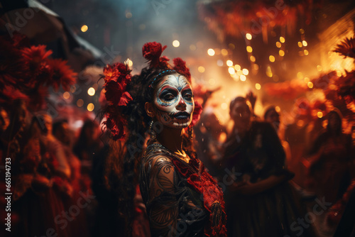 A lively depiction of traditional folkloric dancers in vibrant costumes, performing at a Dia de los Muertos event. Generative Ai