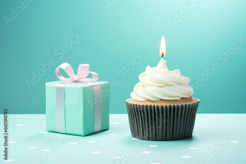 Cute birthday cupcake and gift box on table on pastel background, space for text