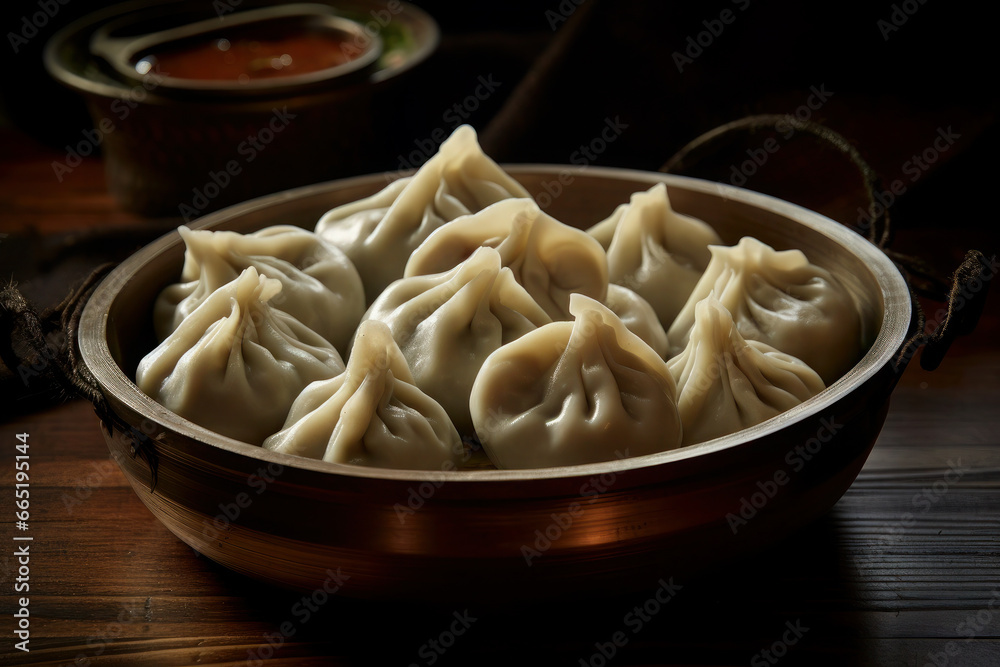 Khinkali with lamb on plate on wooden table. Caucasian boiled dish of dough and meat on a dark background Khinkali with lamb on plate on wooden table. Caucasian boiled dish of dough and meat on a dark background