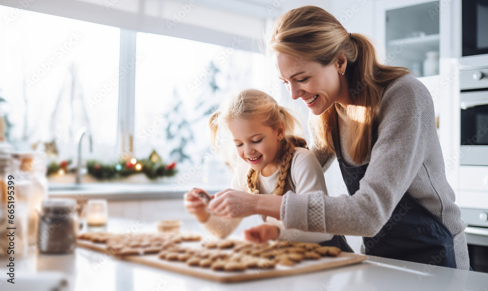A mother and daughter baking festive christmas cookies together at home during the holidays - obrazy, fototapety, plakaty 