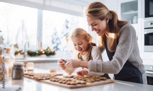 A mother and daughter baking festive christmas cookies together at home during the holidays photo