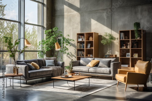 Grey couch and sofa, wooden table and bookshelves in modern design living room with gray concrete walls and big window. Loft style interior